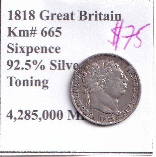 Nice 1818 Great Britain Sixpence 92.5% Silver High Grade
