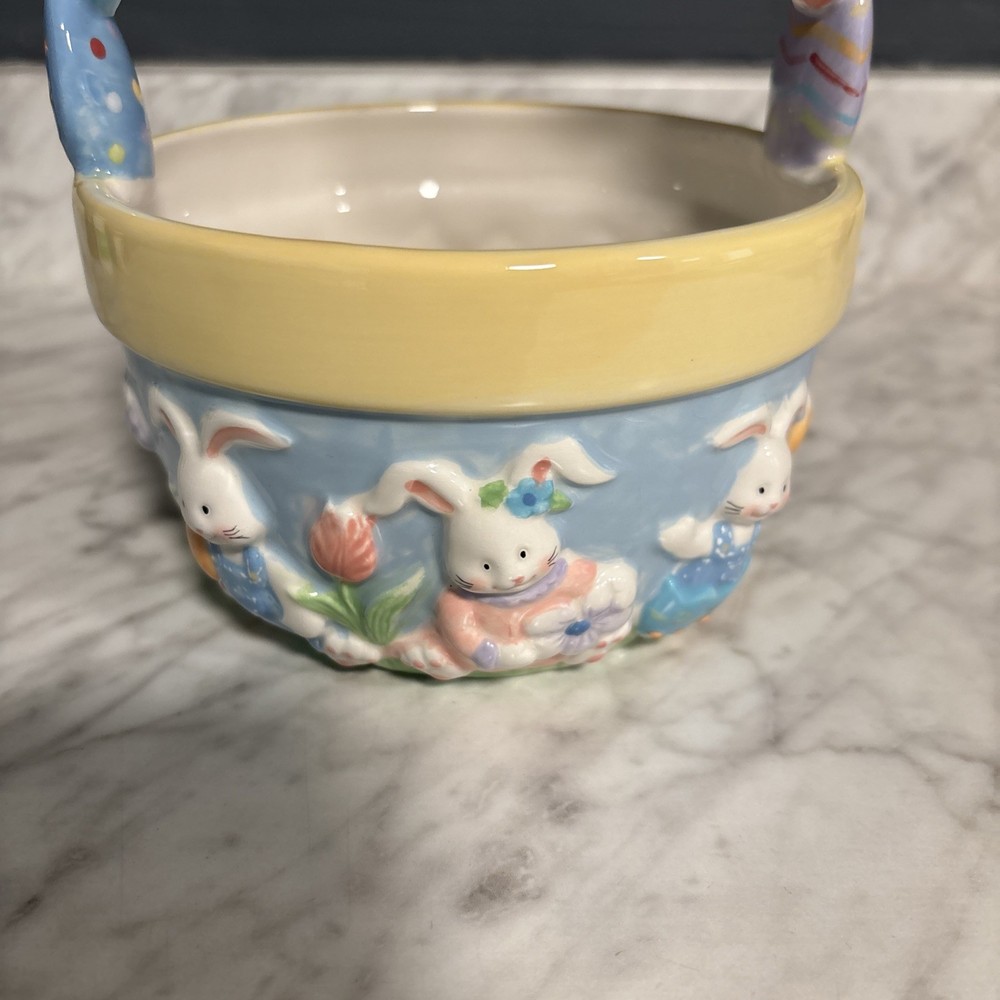 Blossoms & Blooms Ceramic Easter Basket Bowl w/Handle Bunnies & Eggs