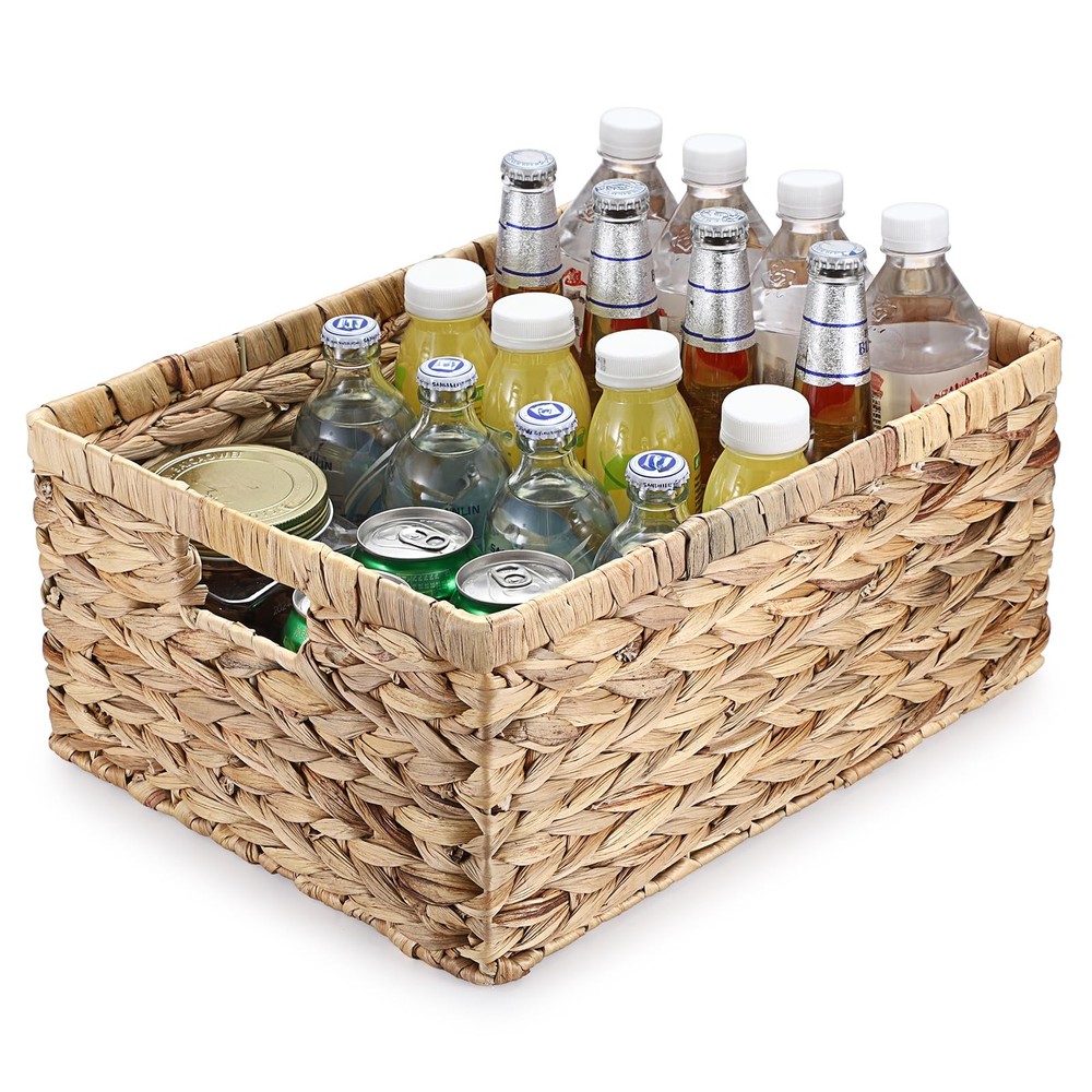 Natural Water Hyacinth Storage Basket Home Rectangular Organizer with Built-i...