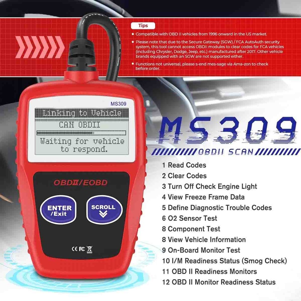 OBD2 MS309 Scan Tool: Check Engine Light & Emission Monitor Status Reade