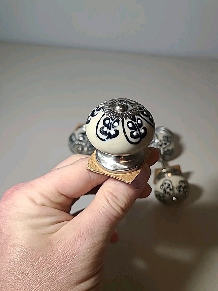 6 Antique Style Ceramic Hand Decorated Silver Tone Drawer Pulls Knobs Flowers