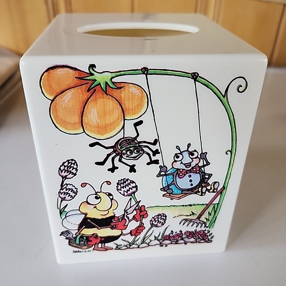 Vintage Whimsical Bugs & Flowers Plastic Square Tissue Cover Box