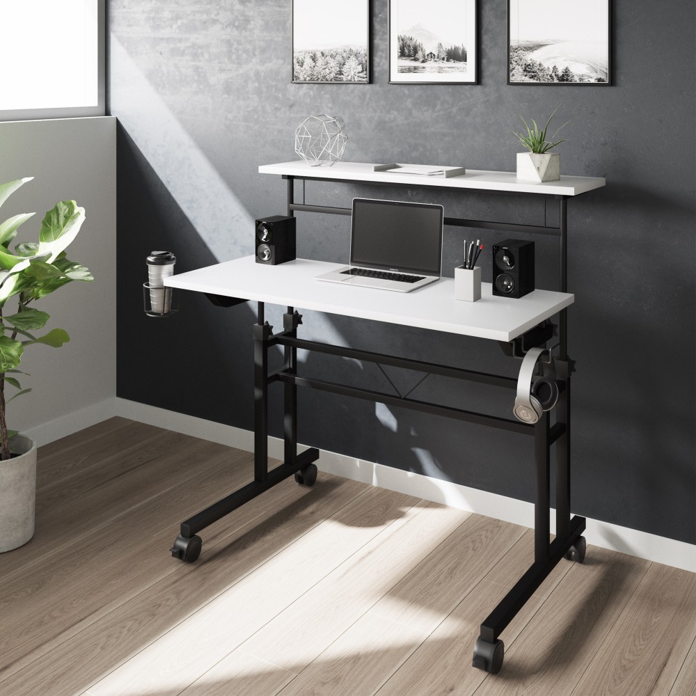 Adjustable Rolling Computer Desk - Mobile Workstation w/ Storage Shelf,White