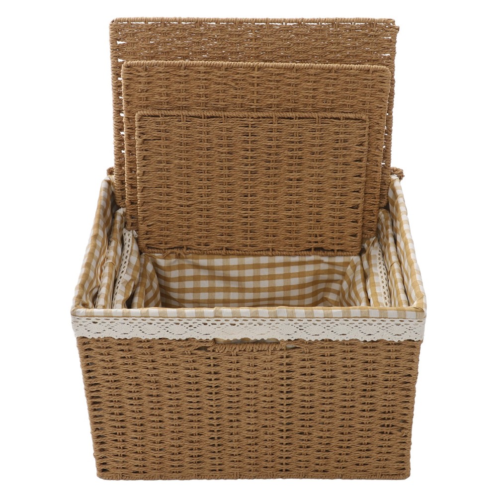 4 Pieces Light Brown Rustic Rectangular Woven Baskets With Handles Lace Lid