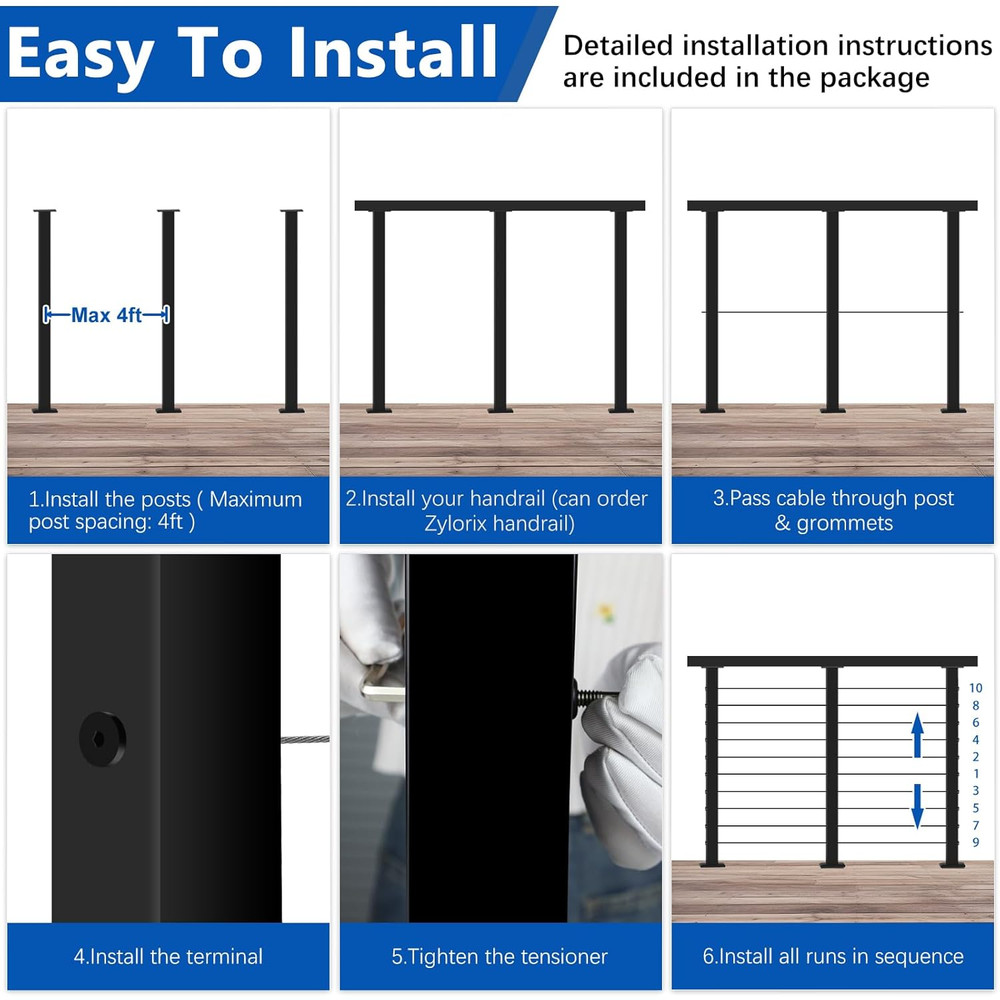 36" Modular Cable Railing Post Kit - 12-16FT Adjustable DIY Deck System