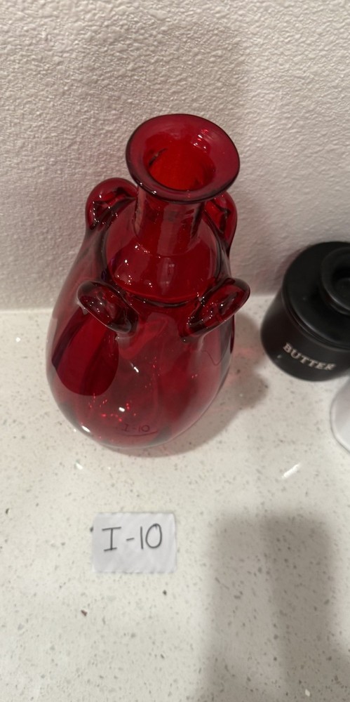 Glass Art Red Vase. Danish Style 4 Handle.