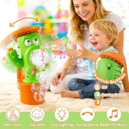 Automatic Cactus Bubble Machine with Music & Lights - Portable Bubble Blower for