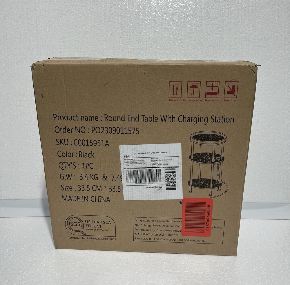 Round Side Table with USB Charging – Black – Open Box