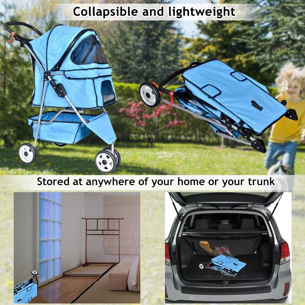 3-Wheel Pet Stroller, Lightweight Foldable Dog Stroller for Small Medium Dogs &