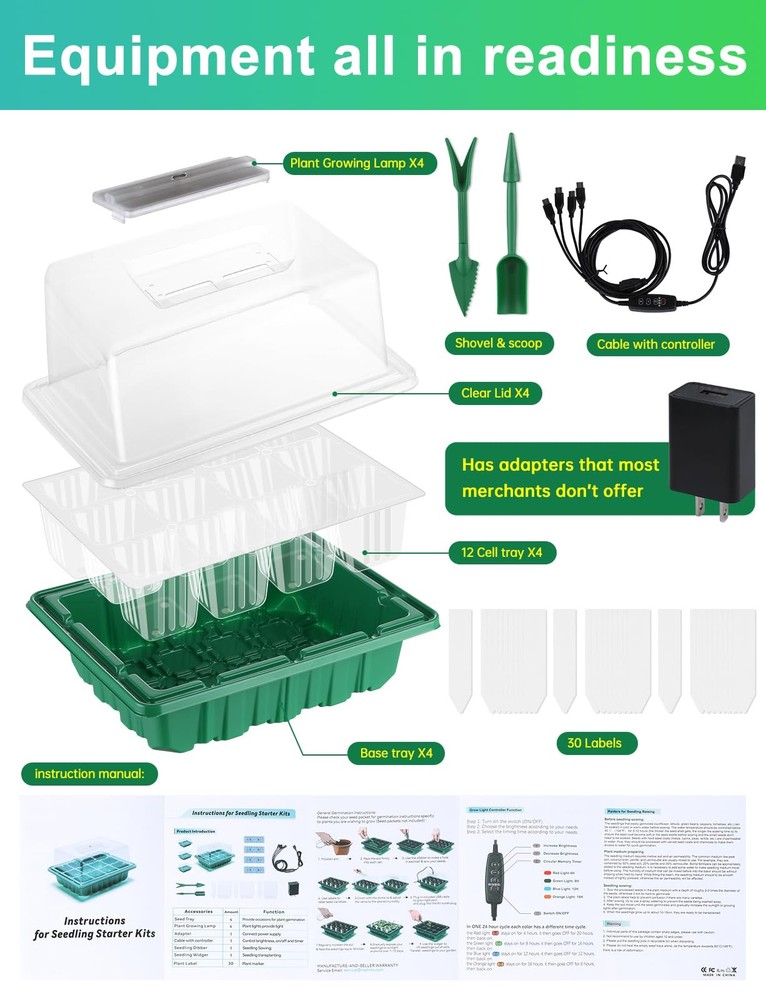 Seed Starter Tray Medium Size 4 Packs, Seed Starter Kit with Upgraded 24 Full...