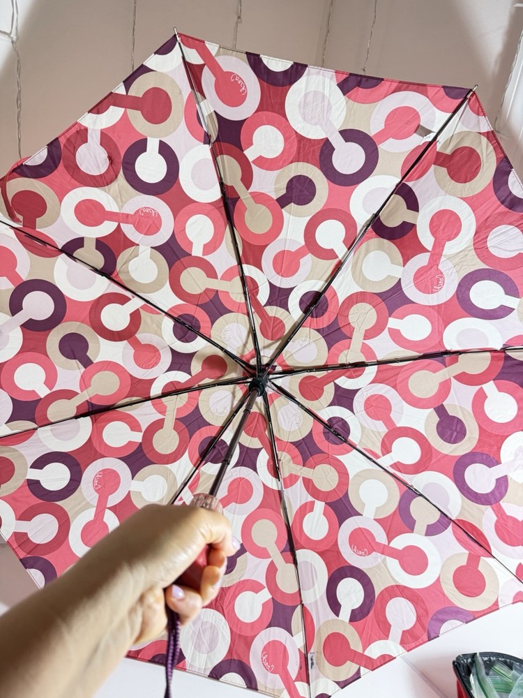 Coach Logo Compact Folding Umbrella Auto Open Red Purple Geometric Print