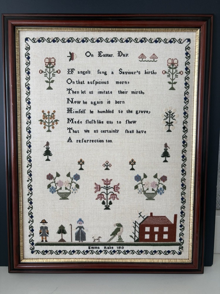 Framed Cross Stitch Sampler "On Easter Day", 52-count Linen, 21.5"x17"