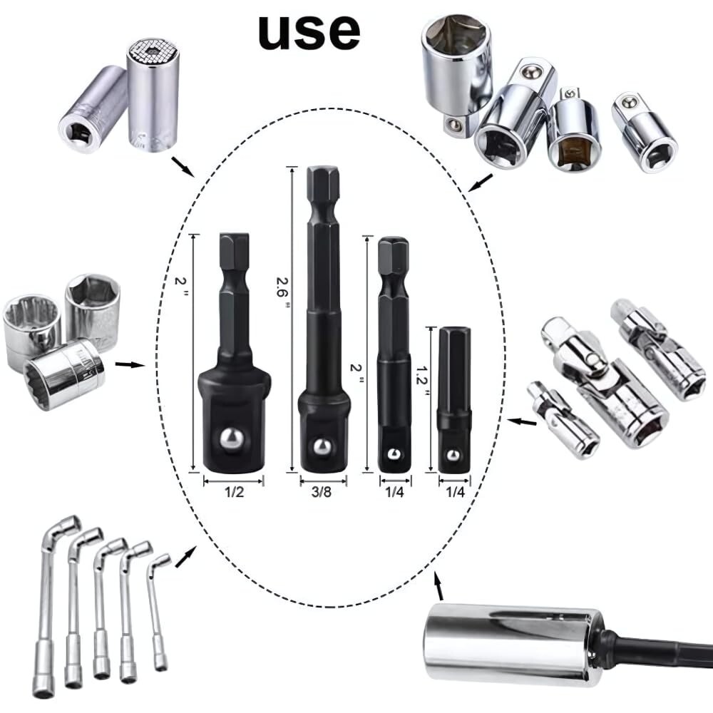 9Pcs Socket Adapter Drill Bits Set Hex Impact Driver Tools 1/4" 3/8" 1/2" Shank