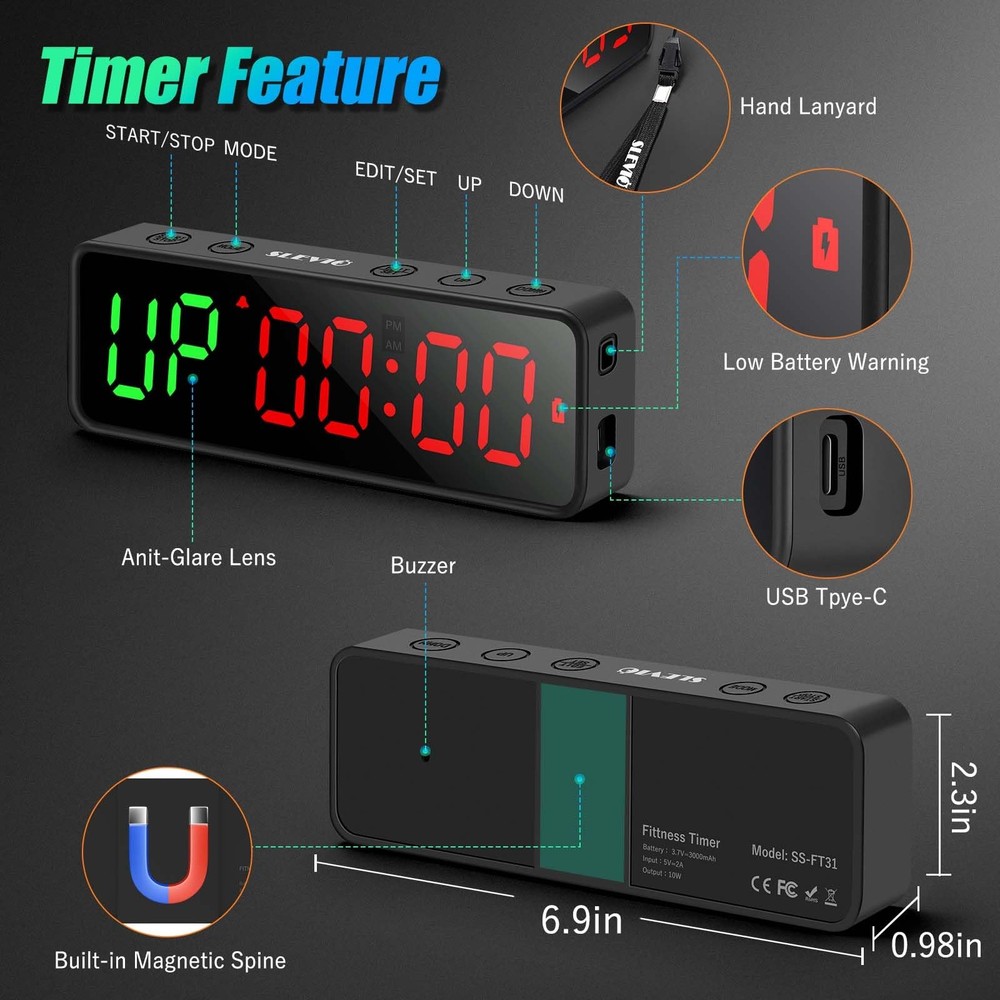 Small Gym Timer Clock Stopwatch Magnetic Workout Interval Small, Matte Black
