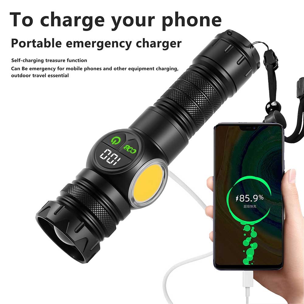 Laser White LED Flashlight Torch COB Yellow Red Camping Light Zoom USB Charging