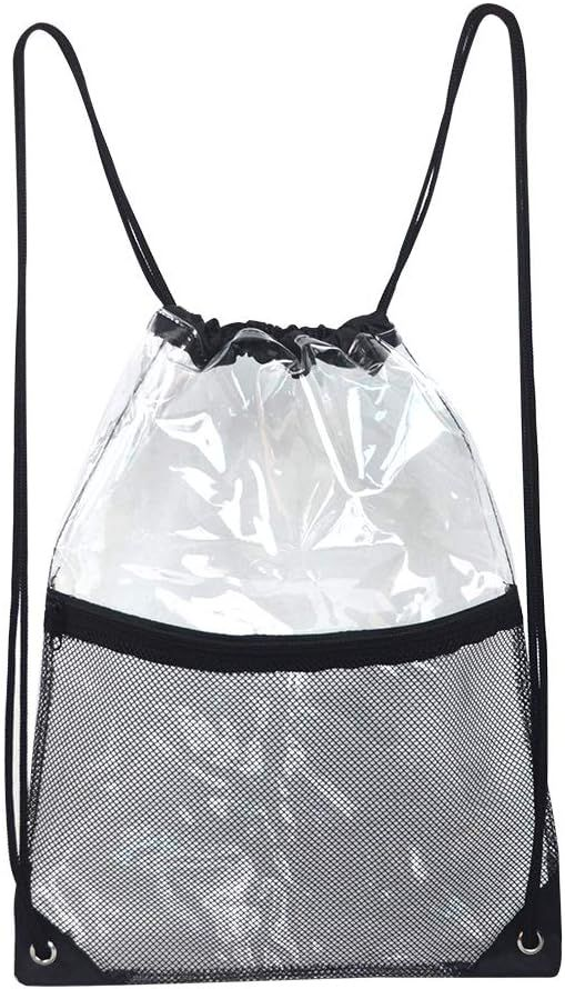 Clear Drawstring Bag, PVC Backpack with Front Zipper Mesh Black