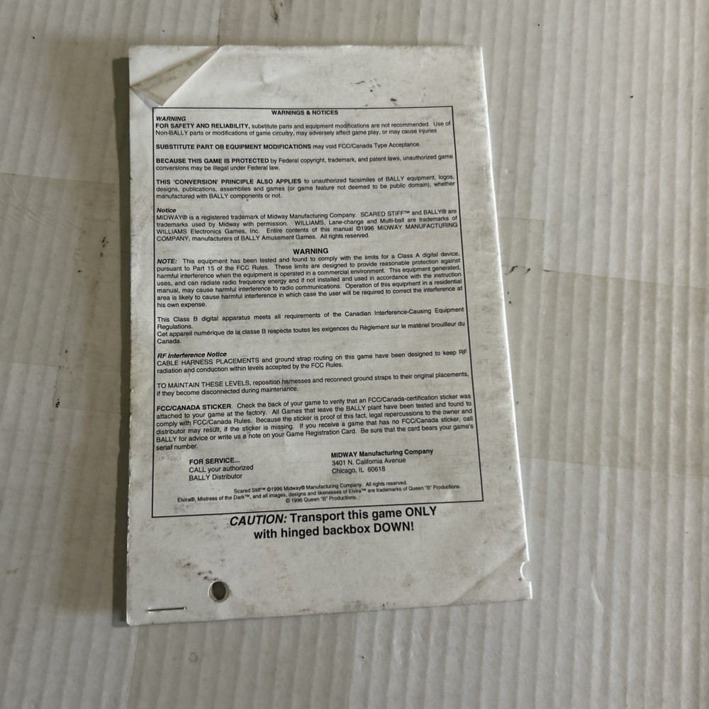 original Scared Stiff Operators Handbook Bally pinball MACHINE manual