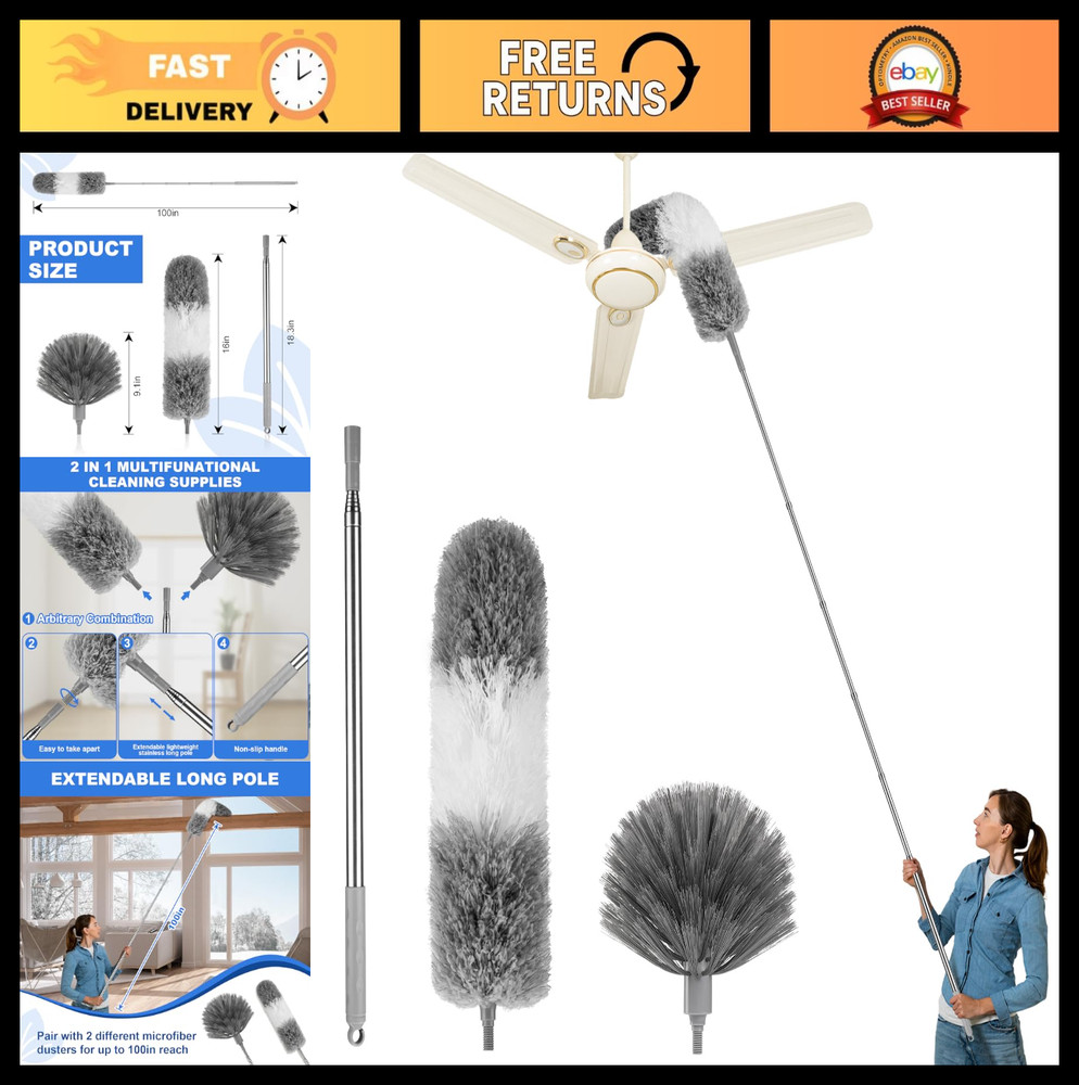 3PCS Cobweb Duster Set with Extension Pole, Long Handle Feather Duster & Ceiling
