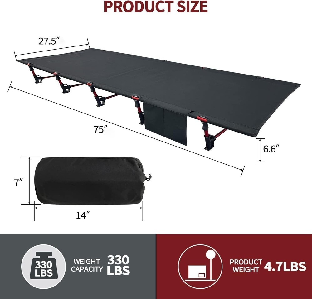 Portable Camping Cot Sleeping Cot Backpacking Cot Bed for Outdoor Hiking Black
