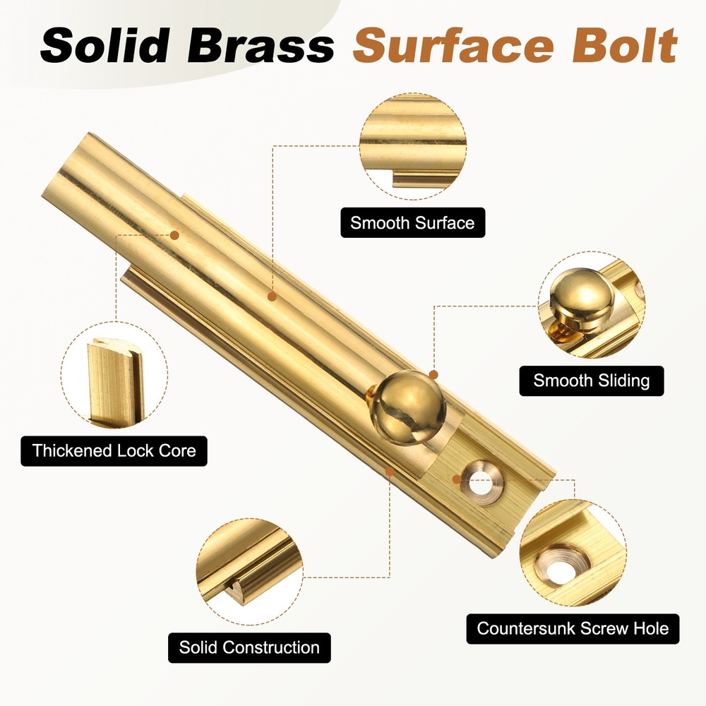 3" Solid Brass Surface Bolt, Polished Slide Latch Door Lock, Brass Tone