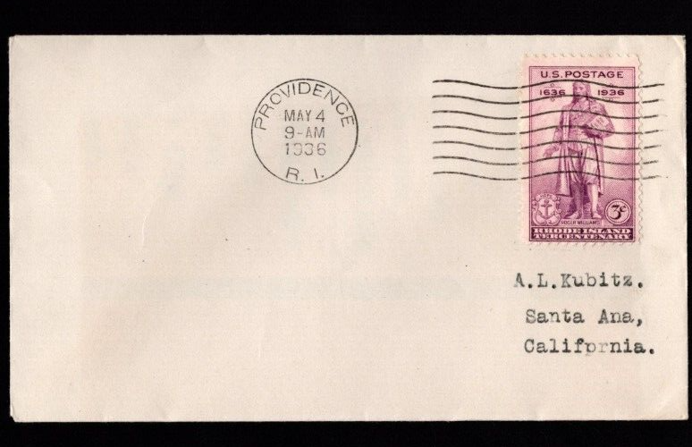 Rhode Island Tercentenary FDC, SC# 777, back flap closed