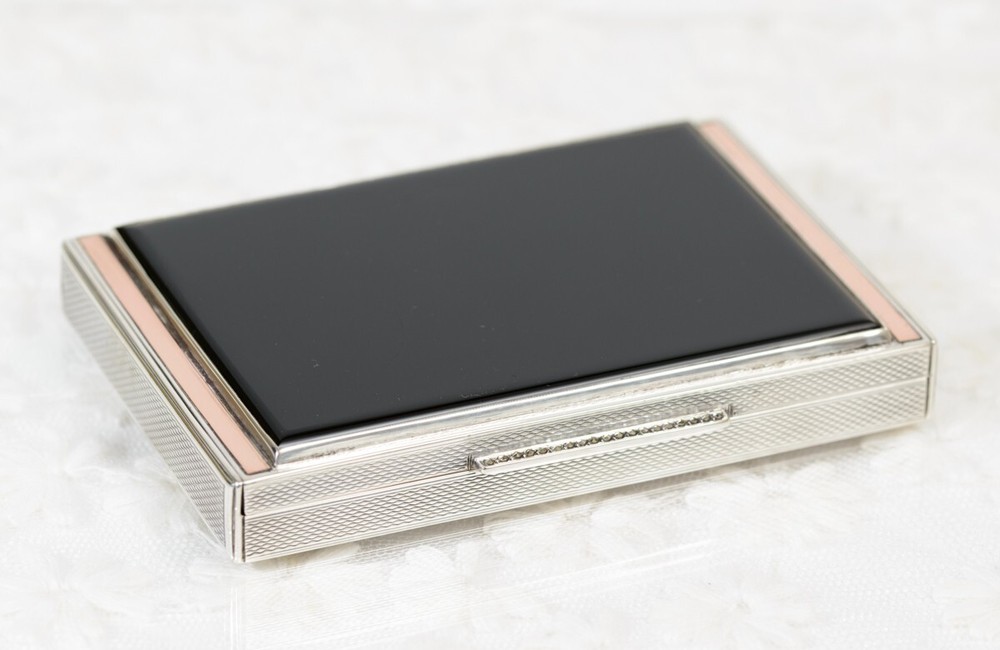 Art Deco Solid Sterling Silver Rose Gold & Onyx Box / Case - Hallmarked 1936