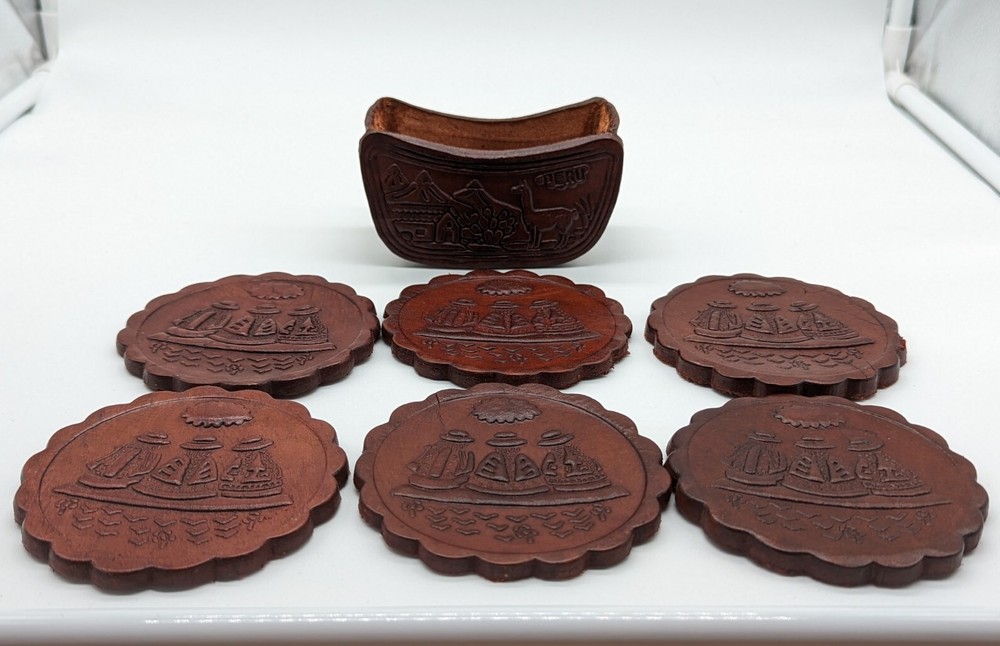 Peruvian Peru Drink Coaster & Holder Leather Tooled Set Of 6 Coasters