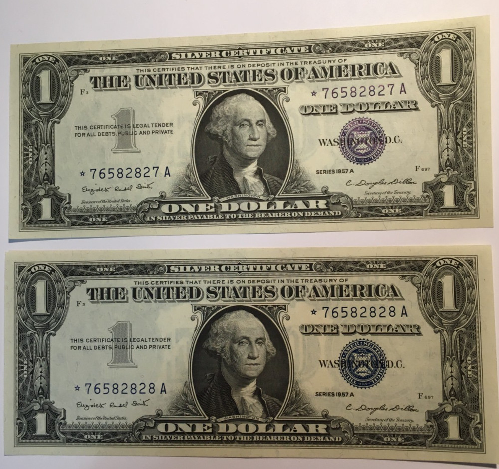 2 SEQUENTIAL 1957 A *  STAR  Silver Certificates  CRISP UNC
