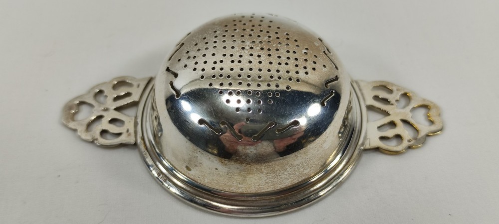 Vintage Silverplated Pierced Two-Handled Over Tea Service Cup Strainer Openwork