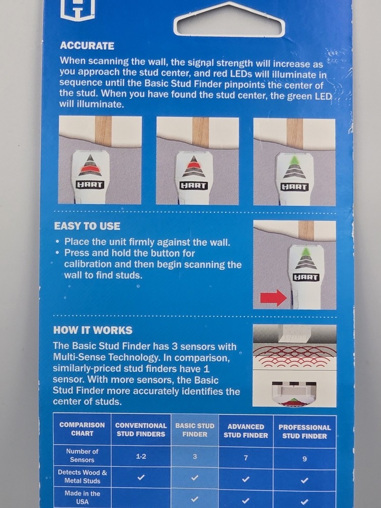 Hart Basic Stud Finder Center Detection 3 Sensors Accuracy Hart1BAS 1" Max Depth