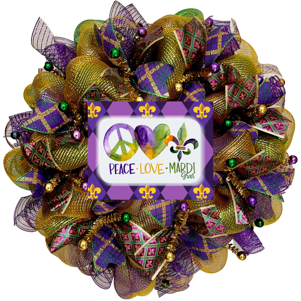 Peace Love Mardi Gras Handmade Deco Mesh Wreath