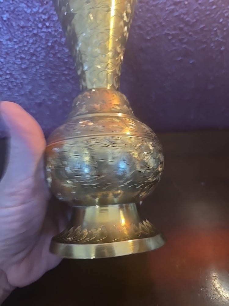 Antique Kasmiri Style Etched Solid Brass Fluted Vase India Makers Msrk On Bottom
