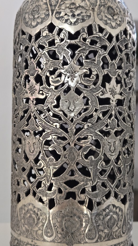EXCEPTIONAL ANTIQUE PERSHIAN QAJAR SILVER BOTTLE DECANTER OPEN WORK