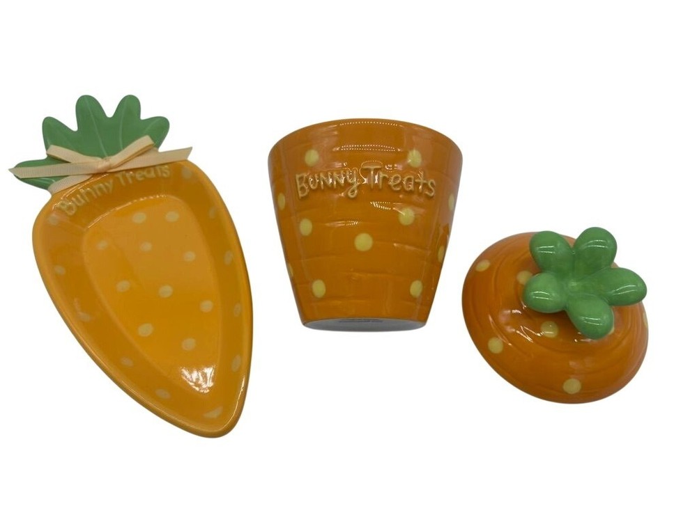 Vintage Hallmark Bunny Treats Ceramic Carrot Dish Container Set Easter Décor