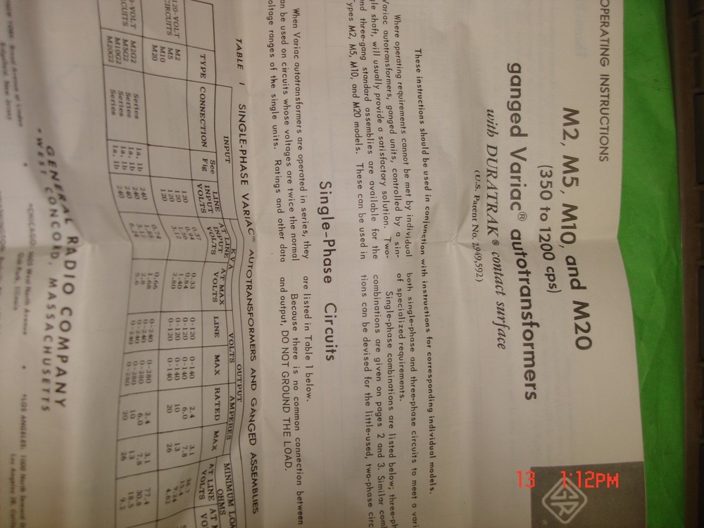 variac type m2g2 type m2 120v 2.4a 350 cycles