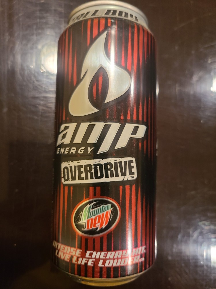 2007 amp ENERGY OVERDRIVE Mountain Dew Cherry can empty top opened TALL BOY