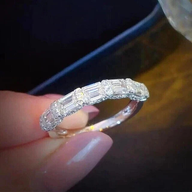 2 Ct Emerald Cut Lab Created Half Eternity Band Ring 925 Sterling Silver