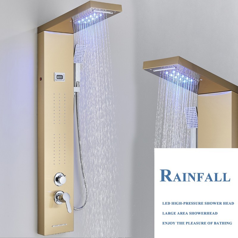 Brushed Gold LED Shower Panel Tower System Rain Waterfall Head Massage Jet Mixer