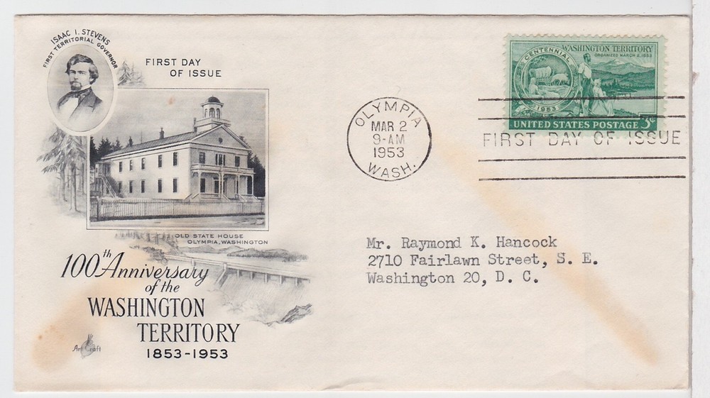 TurtlesTradingPost - Washington Territory - 1953 #1019 FDC- Artcraft Cachet