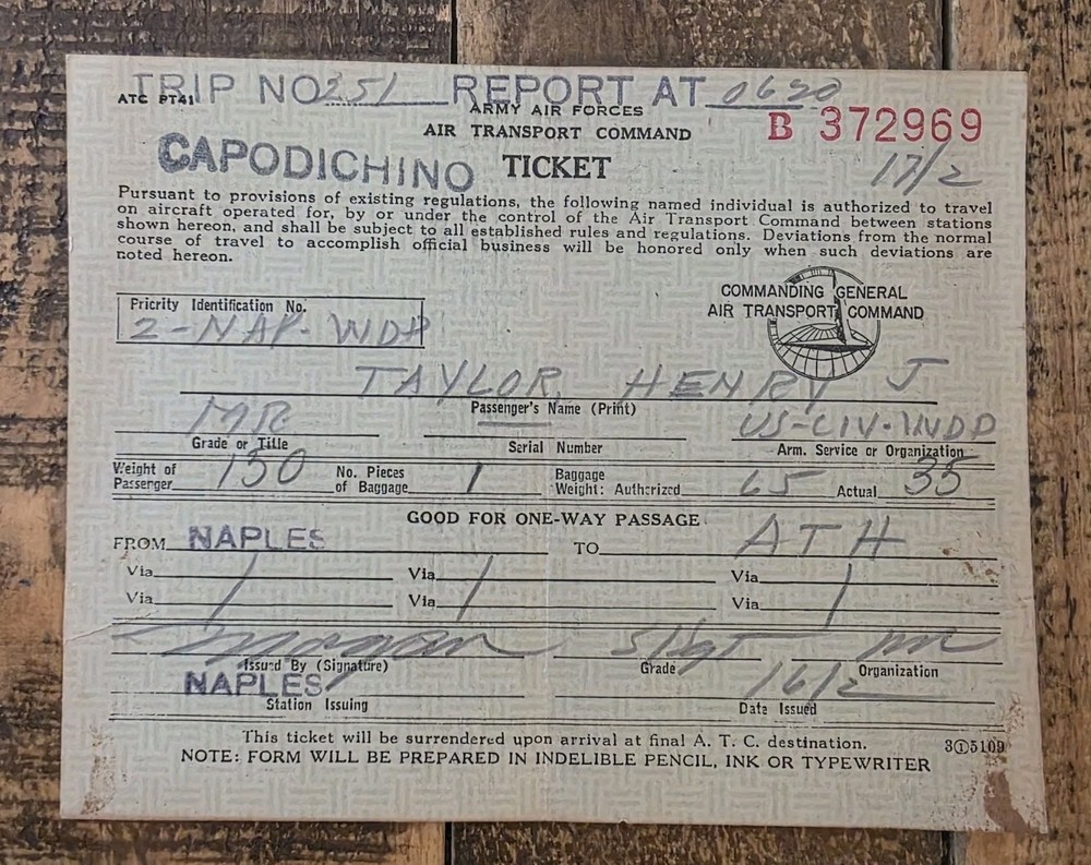 1945 Air Transport Command Army Air Forces Flight Ticket