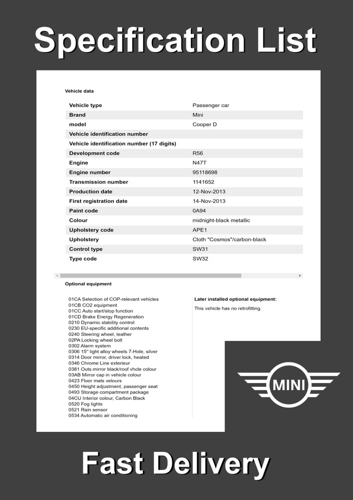 Mini Specification Spec Build List Sheet - Emailed To You