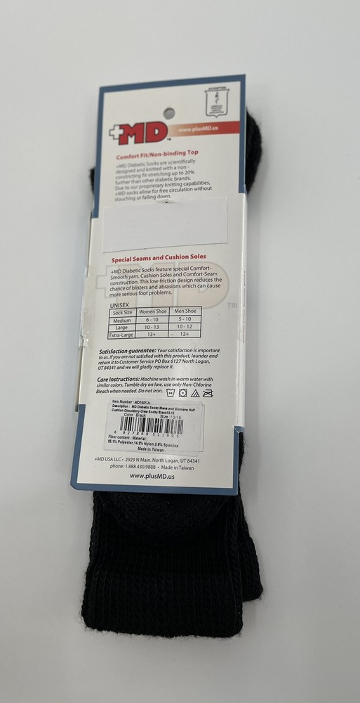 +MD PlusMD Diabetic Crew Socks Black non binding seamless one pair