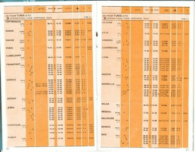 Tunis Air timetable 1982/11/01