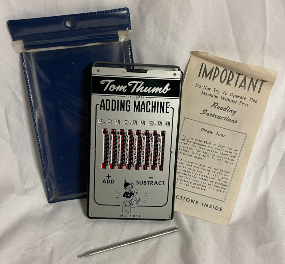 Tom Thumb Hand Adding Machine, Original  Stylus, Sleeve, & Instructions