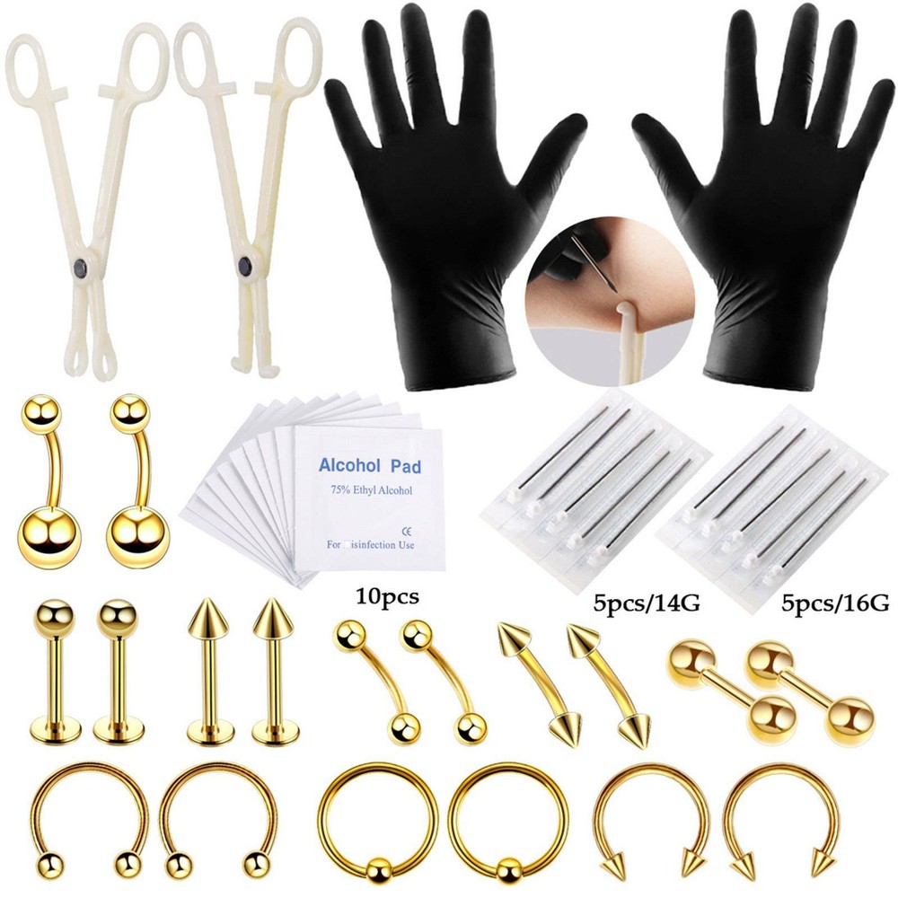 42Pcs Body Piercing Tools Kit Eyebrow Lip Ear Stud Belly Button Ring Needles Set