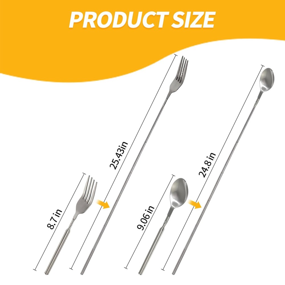 2 Pcs Extendable Fork and Spoon Set Stainless Steel Telescopic Tableware