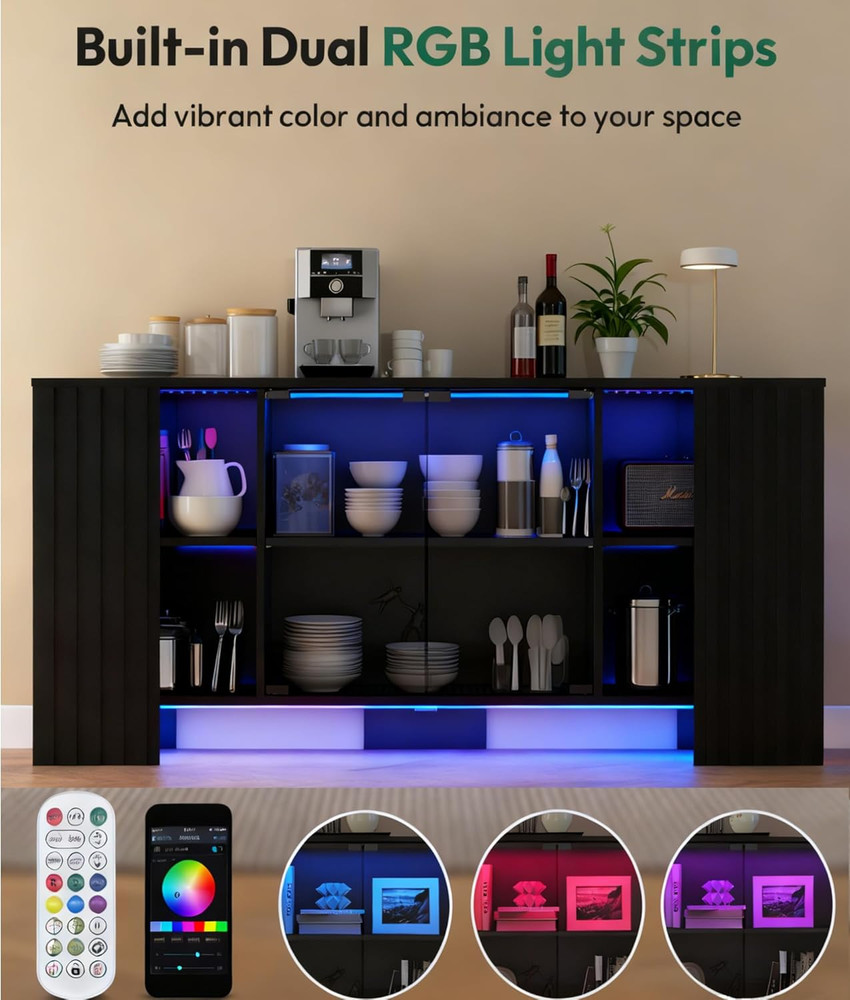 Modern Black Sideboard Buffet Cabinet with LED Lights & Glass Doors, 58