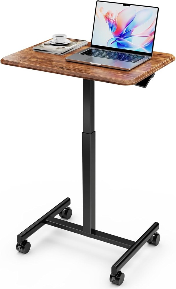 Adjustable Rolling Desk Stand, Lockable, Compact, Height-Modifiable (Brown)