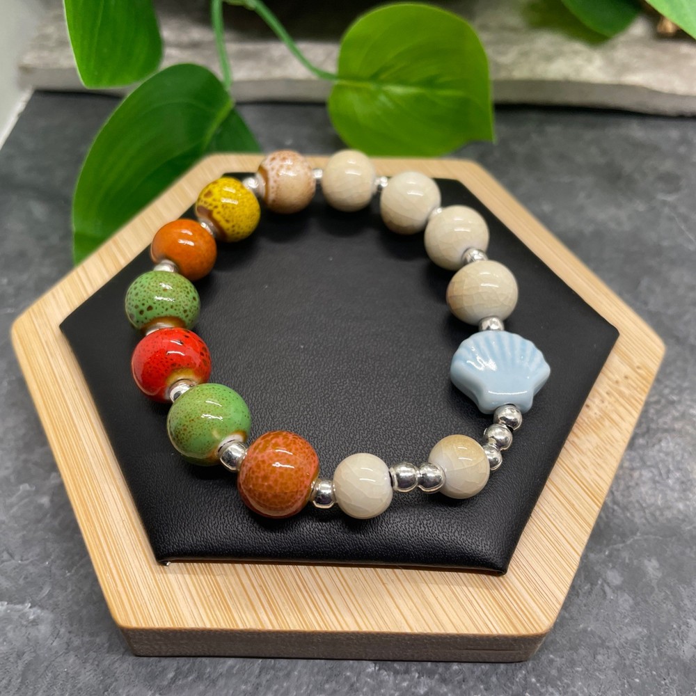 Handmade Ceramic Bead Beaded Stackable 6.5” Plus Stretch Bracelet New B402