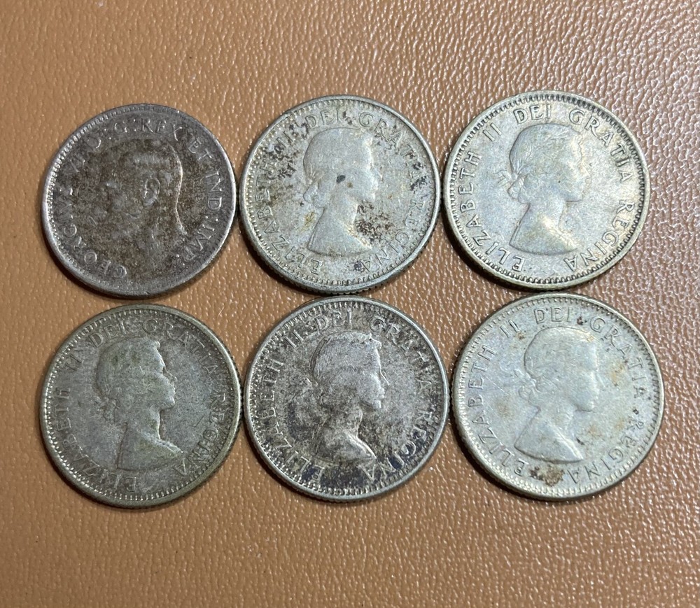 Canada 10 Cents, Six 80% Silver Coins